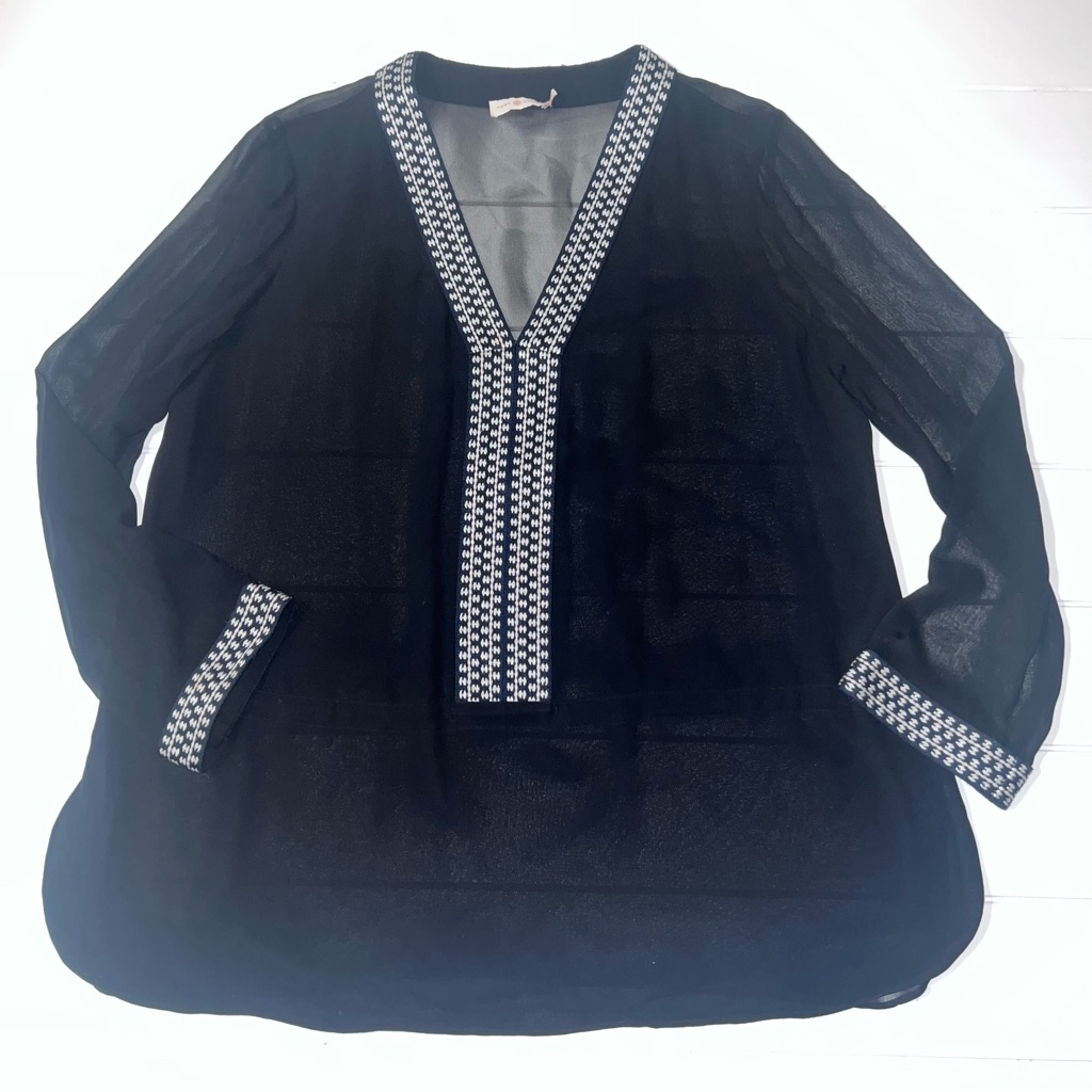 Tory Burch Black Sheer Tunic Blouse Top Shirt With White Embroidered Trim 14